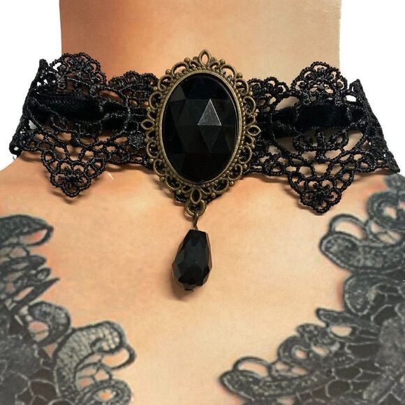 NEW Black Gothic Victorian Vampire Oval Pendant Lace Choker Adjustable Necklace - Picture 1 of 7